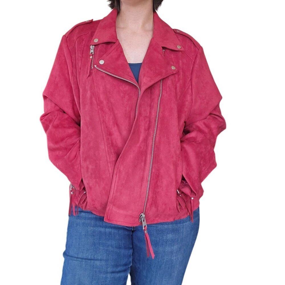 New W.A.Y Wonderful & Young Red Faux Suede Moto Jacket Women Size 3XL Punk Indie